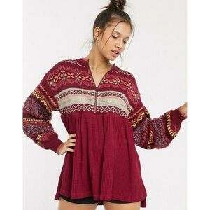 Free People Cozy Cottage Sweater Wine Red Fair Isle Size Large